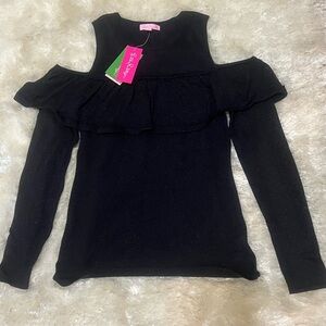 NWT Lilly Pulitzer Burke Sweater Cold Shoulder Ruffle Onyx Metallic Black